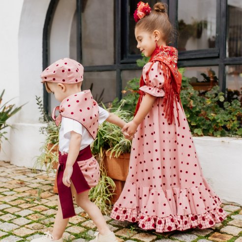 Vestidos flamenca niña en tejido seersucker de cuadros vichy y lunares flocados.