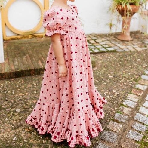 Vestido de flamenca infantil talle alto transpirable para ferias y romerías.