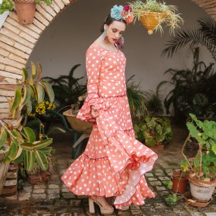 Vestido canastero coral para mujer, entallado hasta la cadera, con lunares blancos y volantes canasteros.